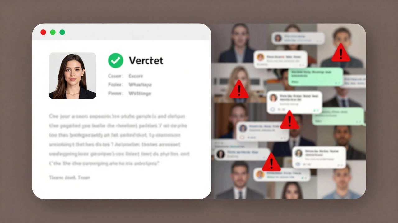 A digital screen contrasting a verified escort profile with scammy stock images and warnings.