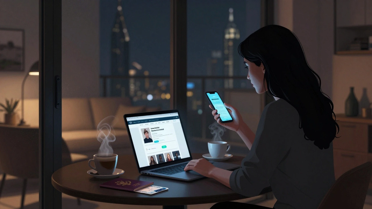 A woman’s silhouette in a Dubai apartment, illuminated by a laptop screen, with a coffee cup and passport visible on the table.