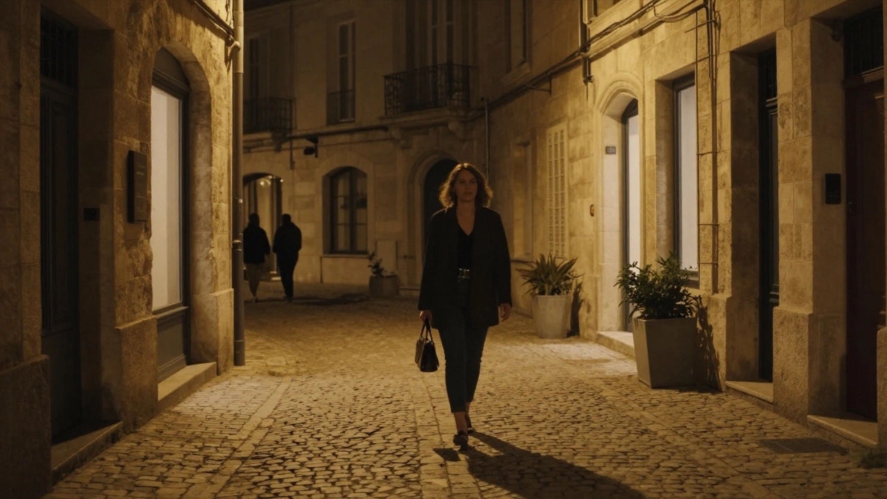 A woman walking confidently toward a hotel entrance in Avignon at night, safe and calm.