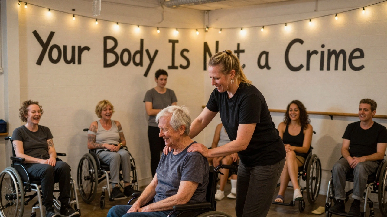 Performers share a quiet moment of massage and laughter in a community basement after rehearsal.