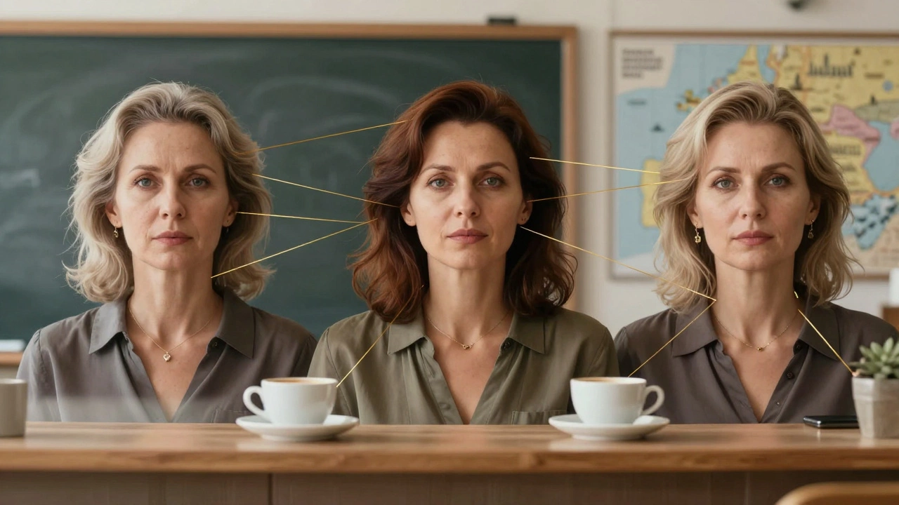 Three abstract portraits of Russian women blending into different life paths—teaching, café work, and travel—connected by golden threads.